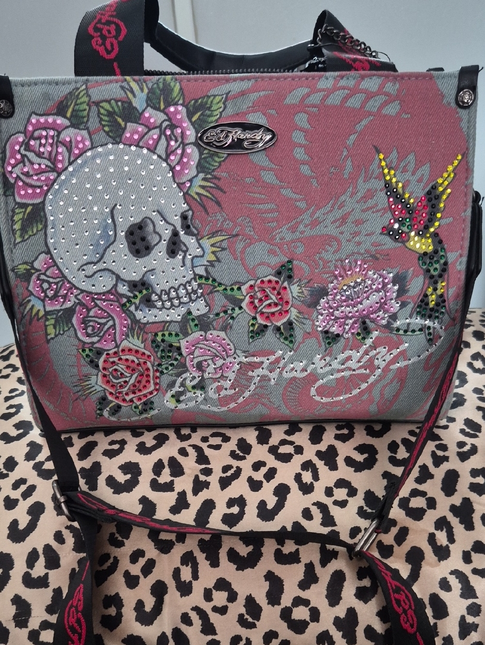 Ed Hardy Pink and Gray Skull & Rose Satchel with Stud Accents